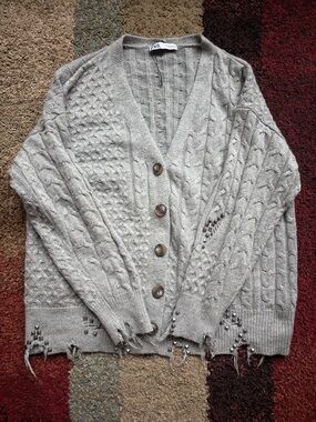 ZARA Chunky Cable Knit Distressed Cardigan Studded Hem Gray Size M